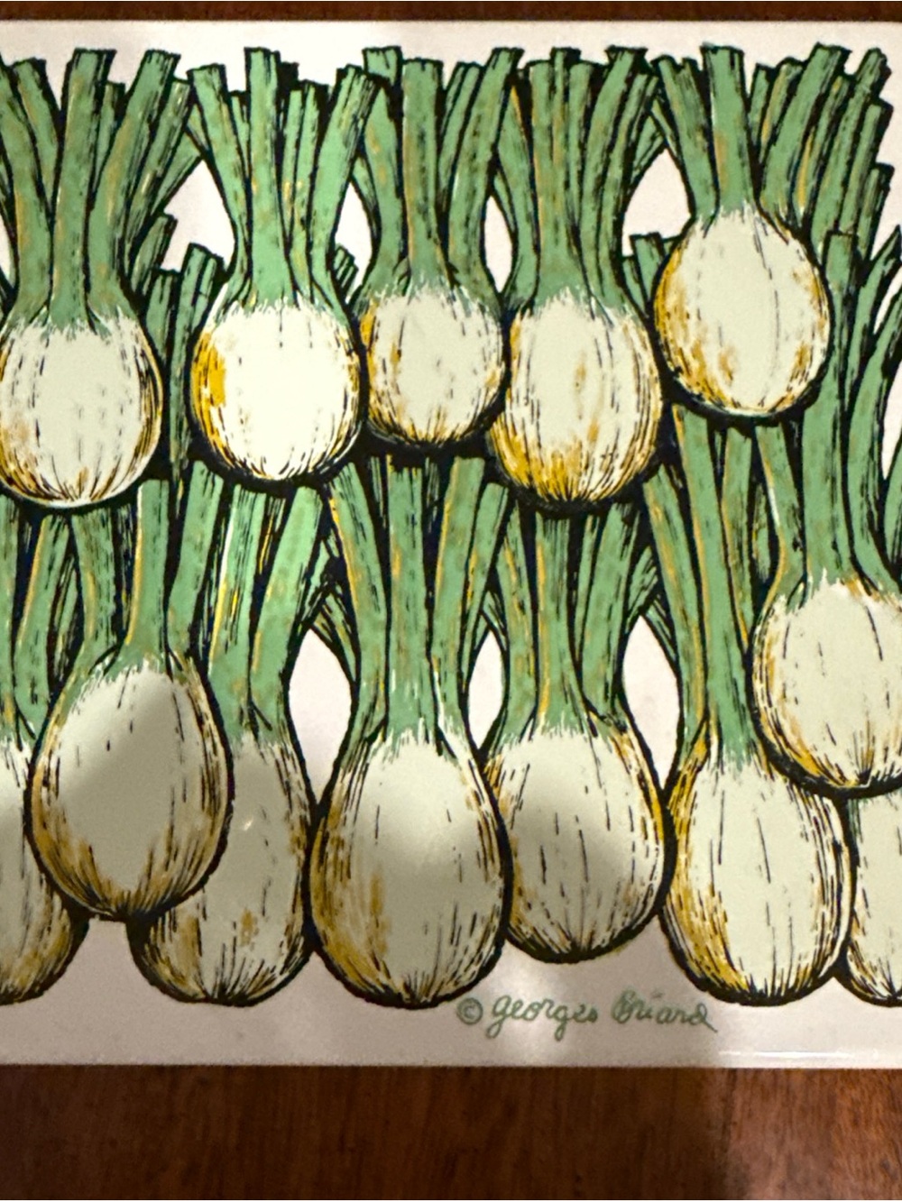 Georges Briard Green and White Leeks onion metal enamel painted tile Mcm vintage